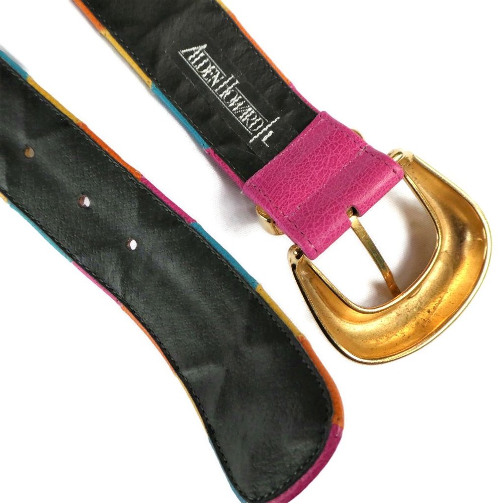 Vintage Mod Belt Neon Geometric Color Block Wide Alden Howard Goldtone Buckle L - Picture 3 of 4